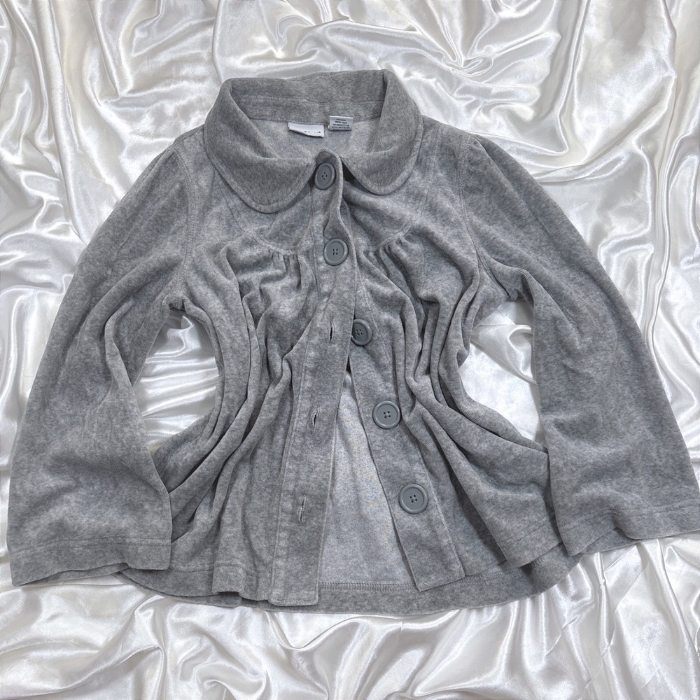 y2k Kim Rogers Velour Cardigan Gray Excellent Peter Pan Collar Button Up S
